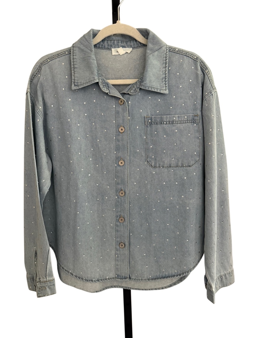 Cowgirl Rock Rhinestone Studded Concert Light Blue Denim Button Up Shirt Small
